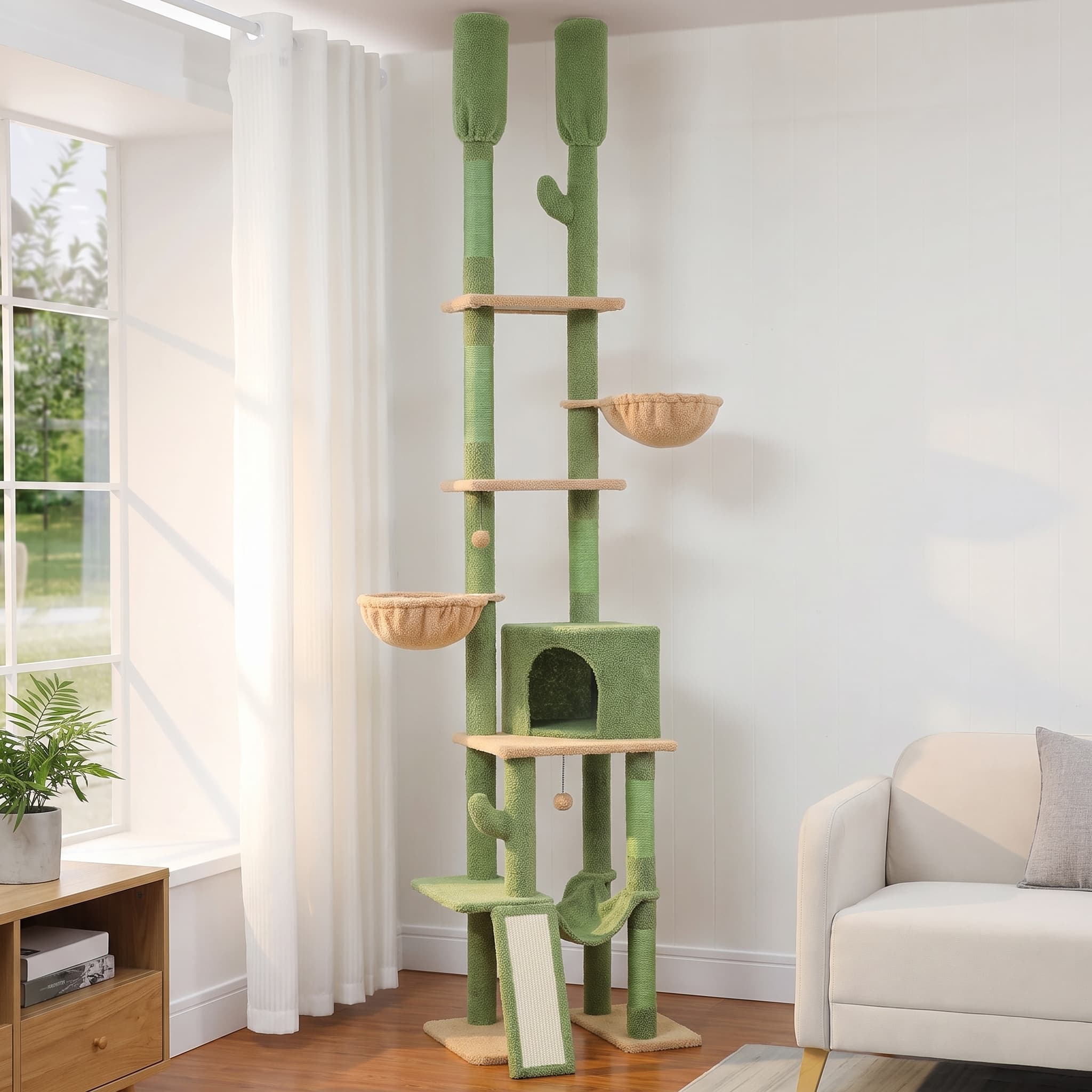 Verstellbarer deckenhoher Kaktus-Kratzbaum mit Hängematten